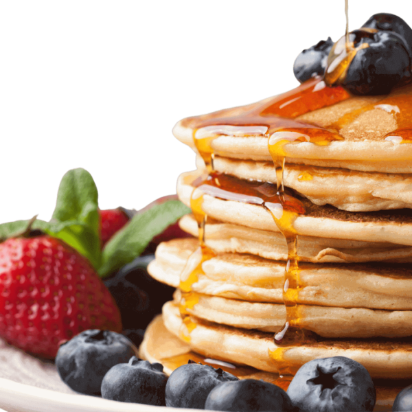 εικό να με πολλά pancake κομμάτια, φράουλες και μέλι